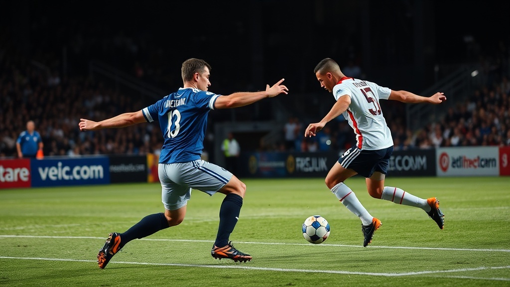 수비수가 공을 처리하려고 발을 뻗는 장면과 근처에 있는 공격수의 위치를 보여주는 이미지