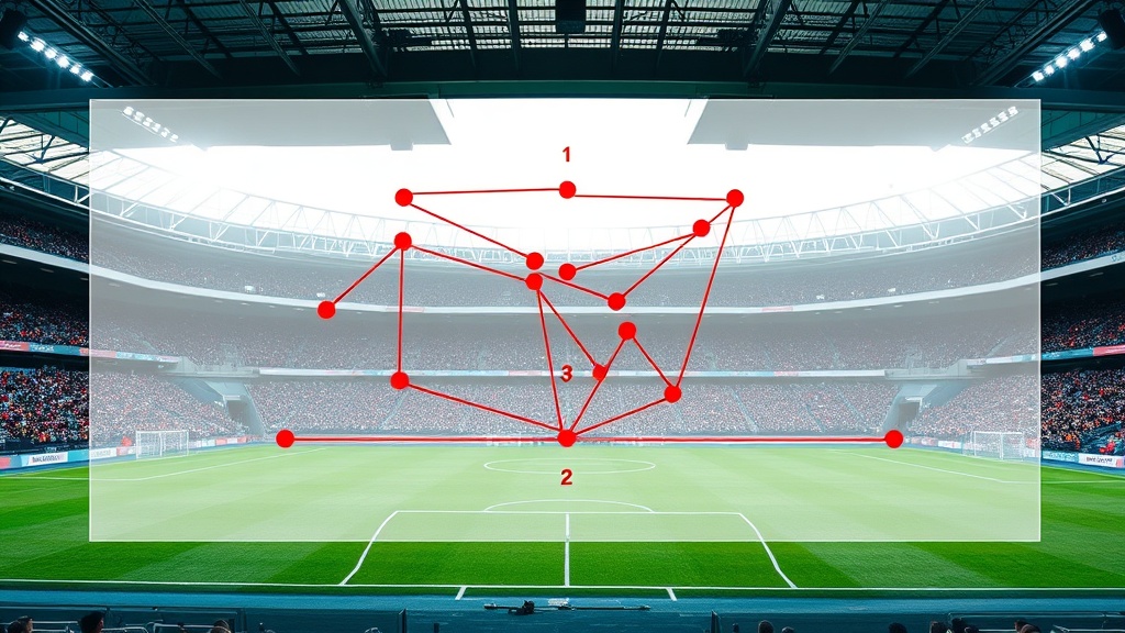 축구 경기장 하프라인 부근의 공격 상황을 표시한 전술적 위치 설명 도식